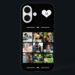 Elegant monogram 9 foto collage zwart iPhone 16 hoesje<br><div class="desc">Voeg negen familie,  kinderen,  huisdieren of beste vrienden afbeeldingen en creëer uw eigen mooie fotocollage telefoonhoesje met uw monogram naam initiaal in een wit hart over een zwart-witte achtergrond.            Eenvoudig te personaliseren met uw aangepaste vierkante afbeeldingen en letter</div>