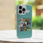 Elegant monogram 9 fotocollage Case-Mate iPhone 14 hoesje<br><div class="desc">Voeg negen familie,  kinderen,  huisdieren of beste vrienden afbeeldingen toe en creëer je eigen mooie fotocollage-telefoonbehuizing met je monogram-naam initiaal in een wit hart boven een blauwgroen groene feminische achtergrond.           Gemakkelijk om met uw douane vierkante afbeeldingen en brief te personaliseren</div>