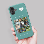 Elegant monogram 9 fotocollage iPhone 16 hoesje<br><div class="desc">Voeg negen familie,  kinderen,  huisdieren of beste vrienden afbeeldingen toe en creëer je eigen mooie fotocollage-telefoonbehuizing met je monogram-naam initiaal in een wit hart boven een blauwgroen groene feminische achtergrond.           Gemakkelijk om met uw douane vierkante afbeeldingen en brief te personaliseren</div>