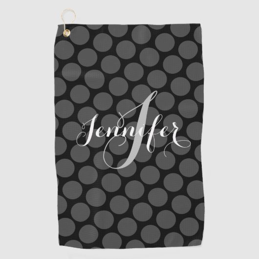 Elegant Monogram Aangepaste Gray Polka Dots Golfhanddoek (Voorkant)