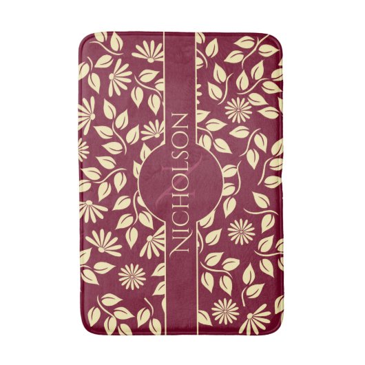 Elegant Monogram Aangepaste naam Leaf Daisy Burgun Badmat (Voorkant Verticaal)