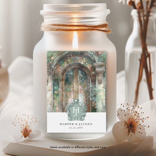 Elegant Monogram Aardse, Groene Waterverf bruiloft Wijn Etiket