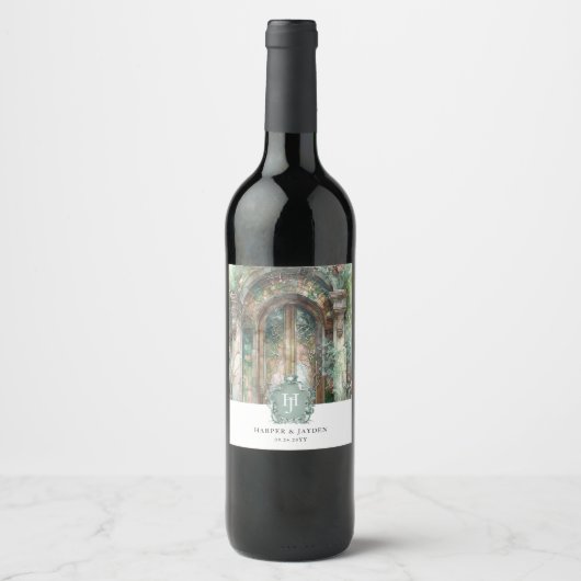 Elegant Monogram Aardse, Groene Waterverf bruiloft Wijn Etiket (Voorkant)