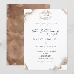 Elegant Monogram, Aardse Tonen Waterverf, Bruiloft Kaart