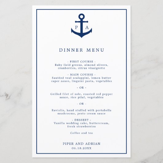 Elegant Monogram Anchor Nautical Wedding Menu (Voorkant)