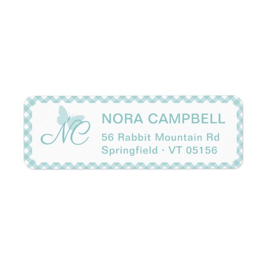 Elegant monogram Aqua Blue Gingham retouradres Etiket (Voorkant)