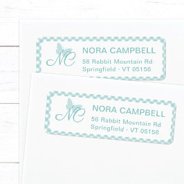 Elegant monogram Aqua Blue Gingham retouradres Etiket