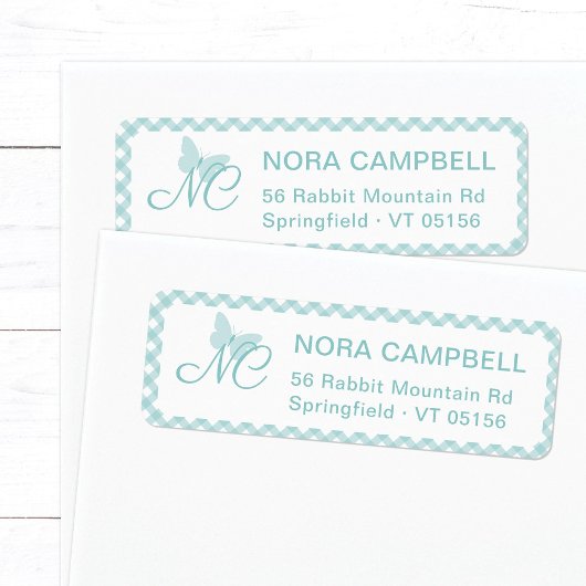 Elegant monogram Aqua Blue Gingham retouradres Etiket