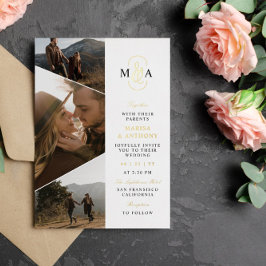 Elegant Monogram Asymmetrische Foto's Bruiloft Gou Folie Uitnodiging