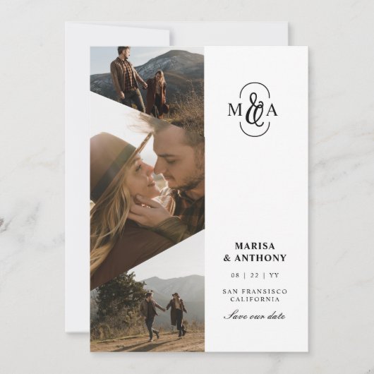 Elegant Monogram Asymmetrische Foto's Bruiloft Save The Date (Voorkant)