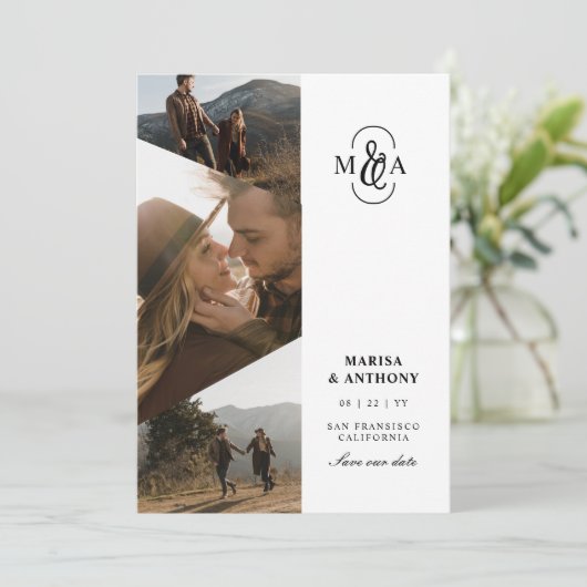 Elegant Monogram Asymmetrische Foto's Bruiloft Save The Date (Staand voorkant)