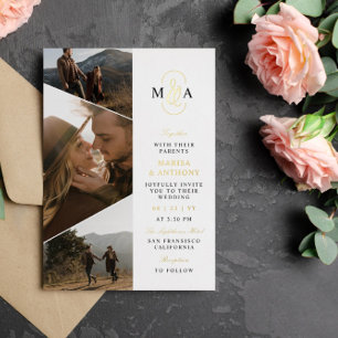 Elegant Monogram Asymmetrische Foto's Trouw Goud Folie Uitnodiging