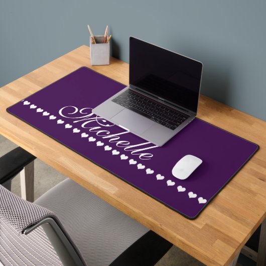 Elegant Monogram Aubergine Paarse en witte harten Bureaumat (Kantoor 2)