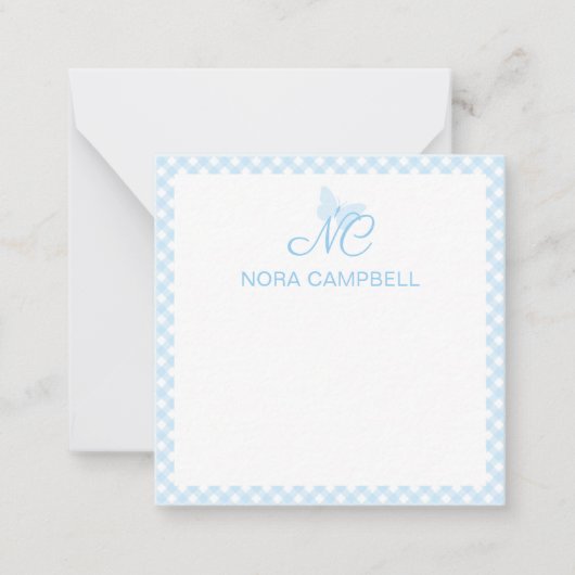 Elegant Monogram Baby Blue Gingham Gepersonaliseer Notitiekaartje (Voorkant)