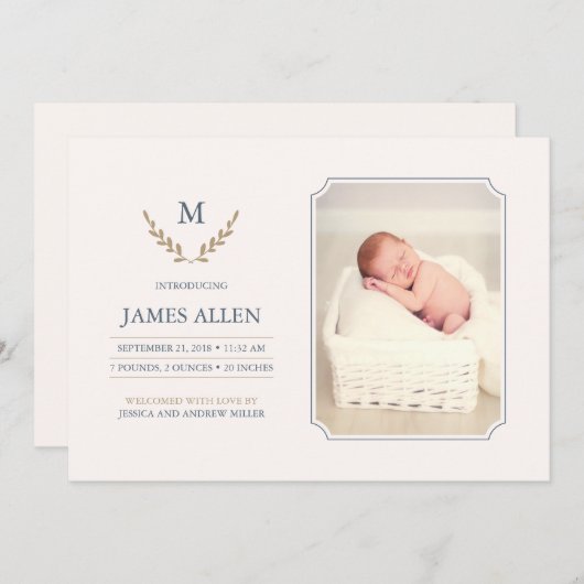 Elegant monogram Baby geboorte Aankondiging (Voorkant / Achterkant)