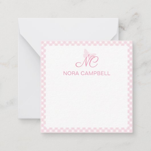 Elegant monogram Baby Pink Gingham gepersonaliseer Notitiekaartje (Voorkant)