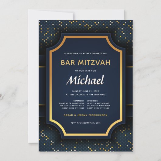 Elegant Monogram Bar Mitzvah Blue en Gold Kaart (Achterkant)