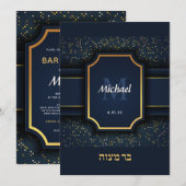 Elegant Monogram Bar Mitzvah Blue en Gold Kaart (Voorkant / Achterkant)