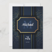 Elegant Monogram Bar Mitzvah Blue Gold Invitation Kaart (Voorkant)