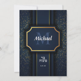 Elegant Monogram Bar Mitzvah Blue Gold Invitation Kaart