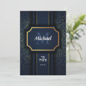 Elegant Monogram Bar Mitzvah Blue Gold Invitation Kaart (Staand voorkant)