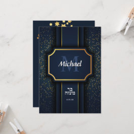 Elegant Monogram Bar Mitzvah Blue Gold Invitation Kaart