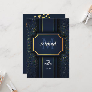 Elegant Monogram Bar Mitzvah Blue Gold Invitation Kaart