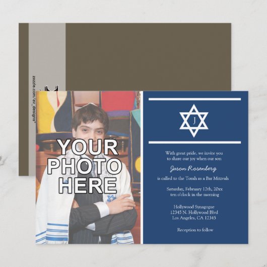 Elegant Monogram Bar Mitzvah met foto Kaart (Voorkant / Achterkant)