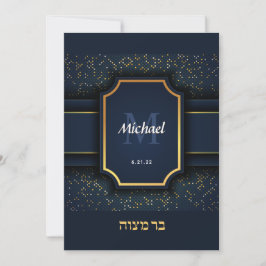 Elegant Monogram Bar Mitzvah Navy Gold Invitation Kaart