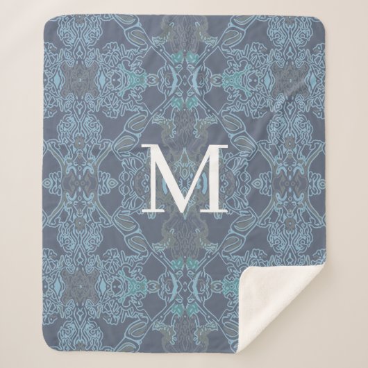 Elegant Monogram Barokpatroon in Blauwe Tinten Sherpa Deken (Voorkant)