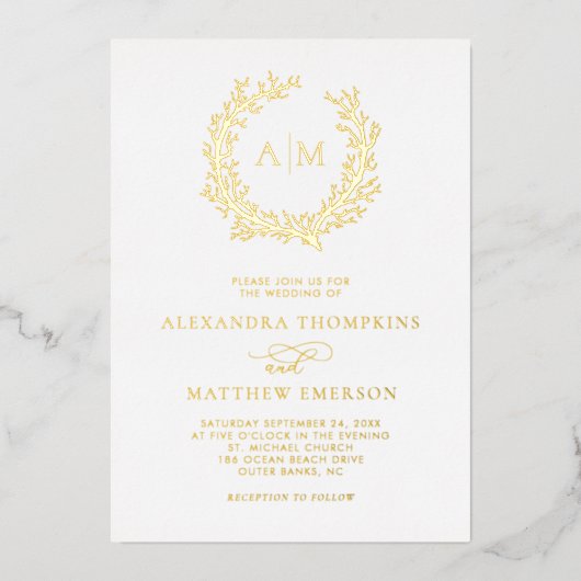 Elegant Monogram Beach Weddenschap Real Gold Folie Uitnodiging (Voorkant)