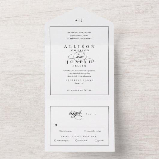 Elegant Monogram Black and White Wedding All In One Uitnodiging (Binnen)