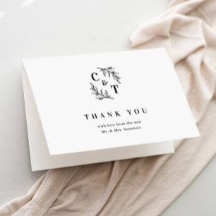 Elegant Monogram Black and White Wedding Bedankkaart