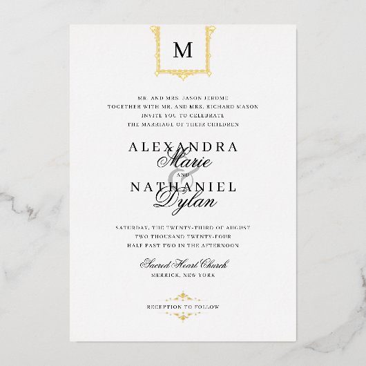 Elegant  Monogram Black and White Wedding I Folie Uitnodiging (Voorkant)