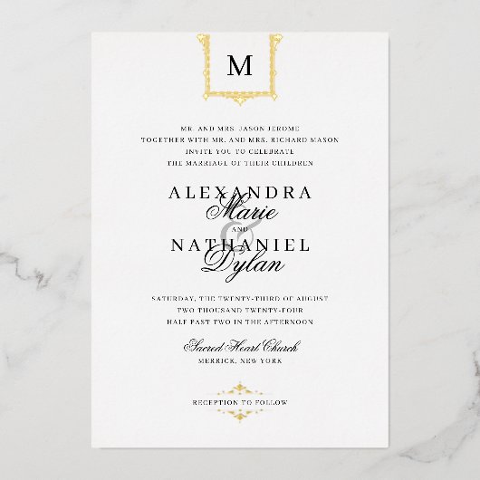 Elegant  Monogram Black and White Wedding I Folie Uitnodiging (Voorkant)