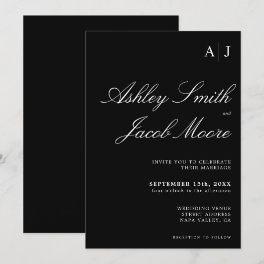 Elegant Monogram Black and White Wedding Kaart (Voorkant / Achterkant)