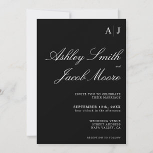 Elegant Monogram Black and White Wedding Kaart