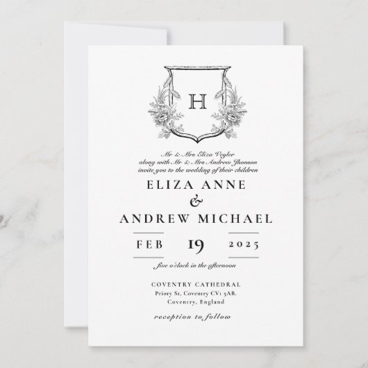 Elegant Monogram Black and White Wedding Kaart (Voorkant)