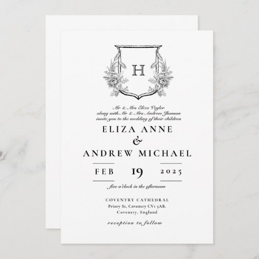Elegant Monogram Black and White Wedding Kaart (Voorkant / Achterkant)