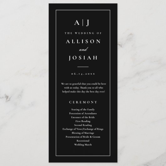 Elegant Monogram Black and White Wedding Programmakaart (Voorkant)