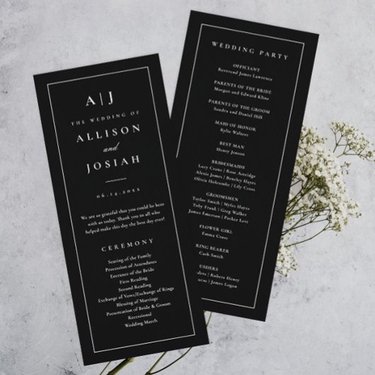 Elegant Monogram Black and White Wedding Programmakaart