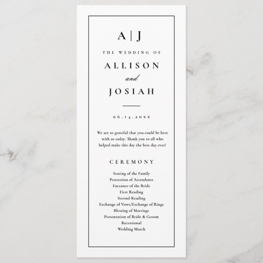 Elegant Monogram Black and White Wedding Programmakaart (Voorkant)