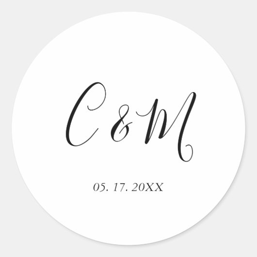 Elegant Monogram Black and White Wedding Ronde Sticker (Voorkant)