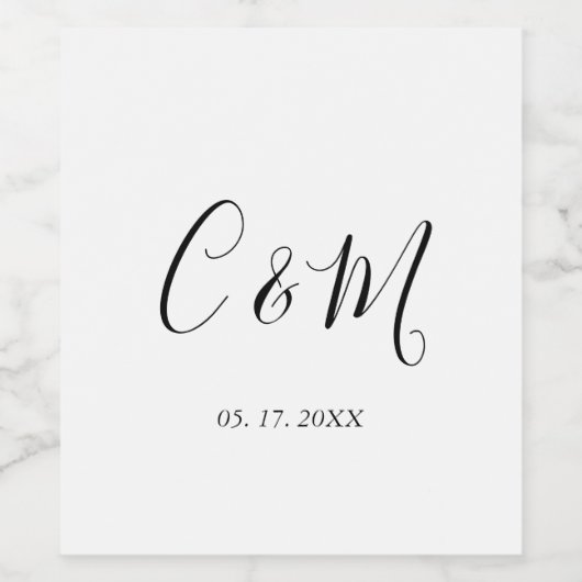 Elegant Monogram Black and White Wedding Wijn Etiket (Enkel label)