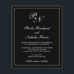 Elegant Monogram Black Budget Weddenschap Uitnodig<br><div class="desc">De traditionele uitnodiging van de de stijlbegroting van de bruiloft met een eenvoudig en klassiek ontwerp met uw twee monogram van het initiaal en uw namen in een elegante kalligrafie binnen een dunne grens. Alle ontwerpelementen zijn wit boven een zwarte achtergrond en kunnen worden gewijzigd in het ontwerpbewerkingsgereedschap. Dit stijlvolle...</div>