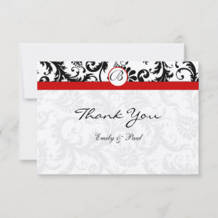 Elegant Monogram Black Damask Red Trim Wedding Notitiekaartje