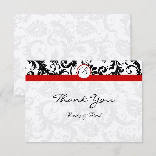 Elegant Monogram Black Damask Red Trim Wedding Notitiekaartje (Voorkant / Achterkant)