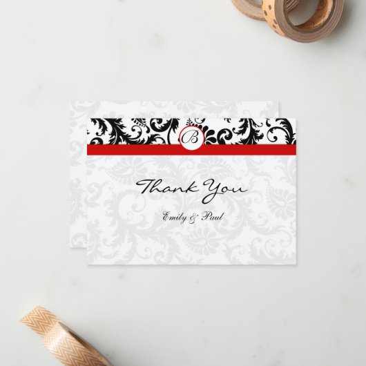 Elegant Monogram Black Damask Red Trim Wedding Notitiekaartje