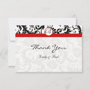 Elegant Monogram Black Damask Red Trim Wedding Notitiekaartje