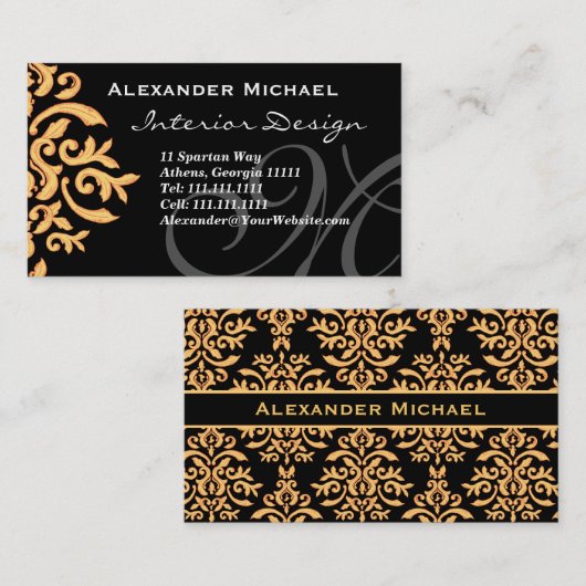 Elegant Monogram Black en Gold Damask Business Ca Visitekaartje (Voorkant / Achterkant)